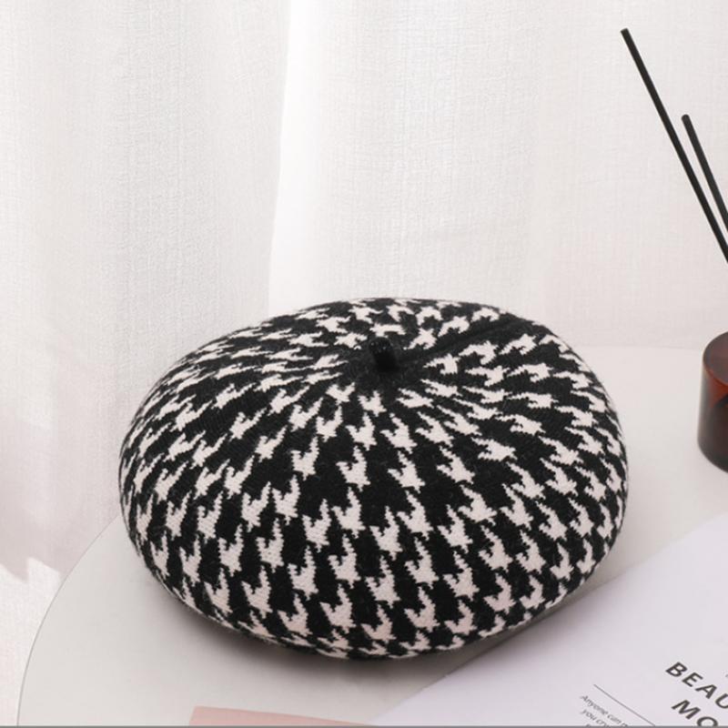 

Женский клетчатый берет «Тысяча птиц», стильная вязаная шапка-бини, теплая модная теплая шапка художника, кепка чёрный