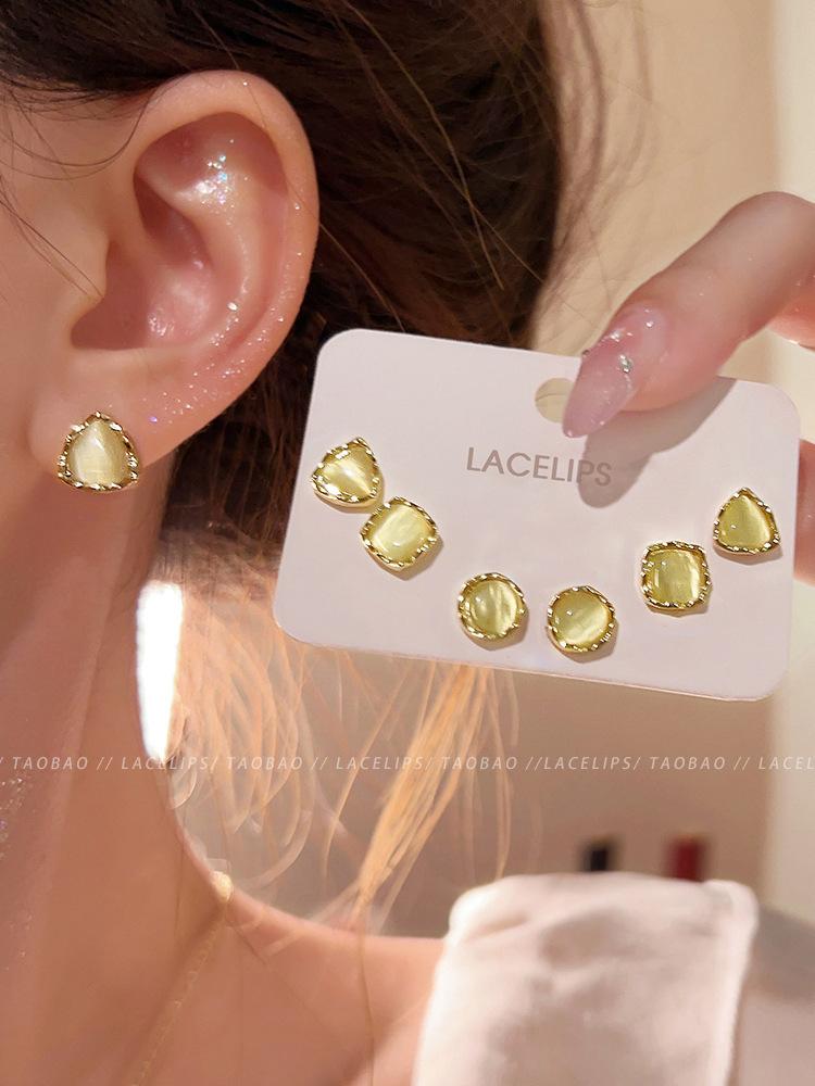 Серьги-гвоздики с опалом, геометрический набор, женские ретро-серьги, серьги для сна без застежки