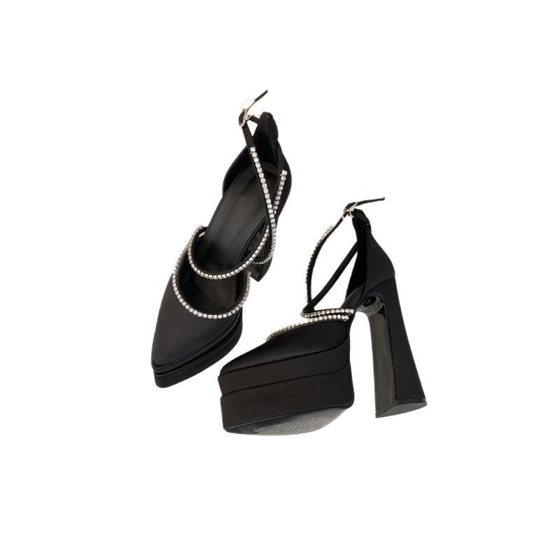 Fashion 15cm Spring and Summer 2025 New Fashion Platform Thick Heels Hate Sky High Pointed Satin High Heels Show Women's Single Shoes