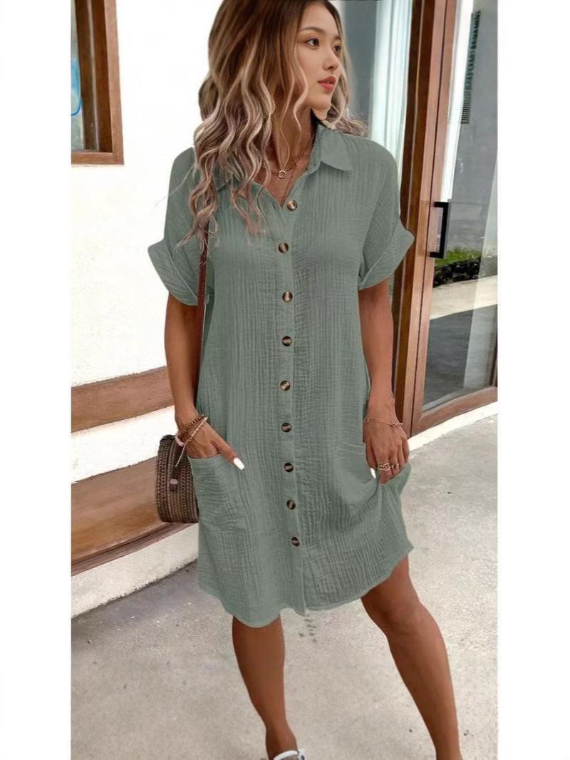 

2024 Women s Casual Cotton Linen Short Sleeve Dress – Solid Color, Mid-length, Button-Down XL темно-зелений колір