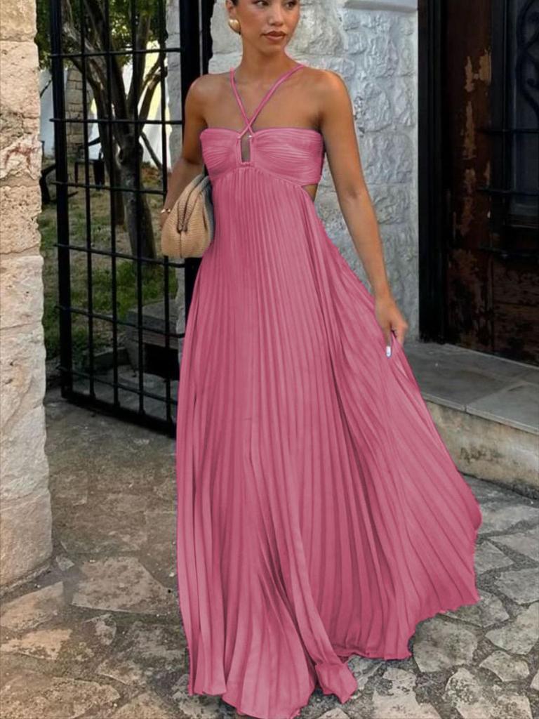 Europäisches/Amerikanisches Trägerloses Plissee-Neckholder-Kleid - Damen Sommer Einfarbig Ärmellos Strand Resort Kleidung