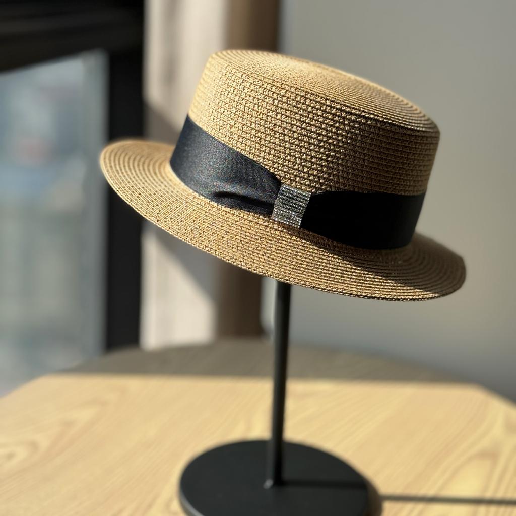 Female Elegant Top Hat French Big Head Circumference Hat Flat Top Straw Hat Seaside Vacation Sun Hat