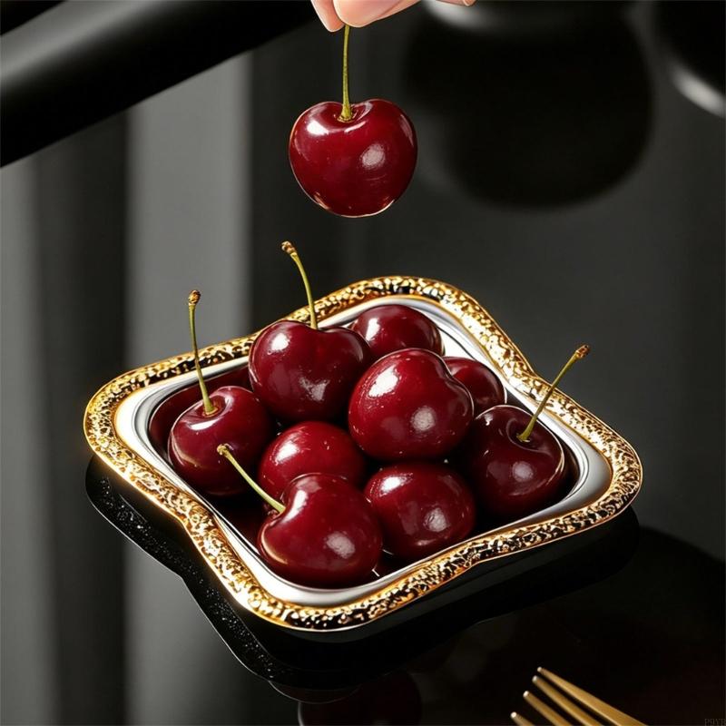 Mini Metal Serving Plate Set of 4 with Pattern Border, Square Home Display Dishes for Tea Service and Light Storage