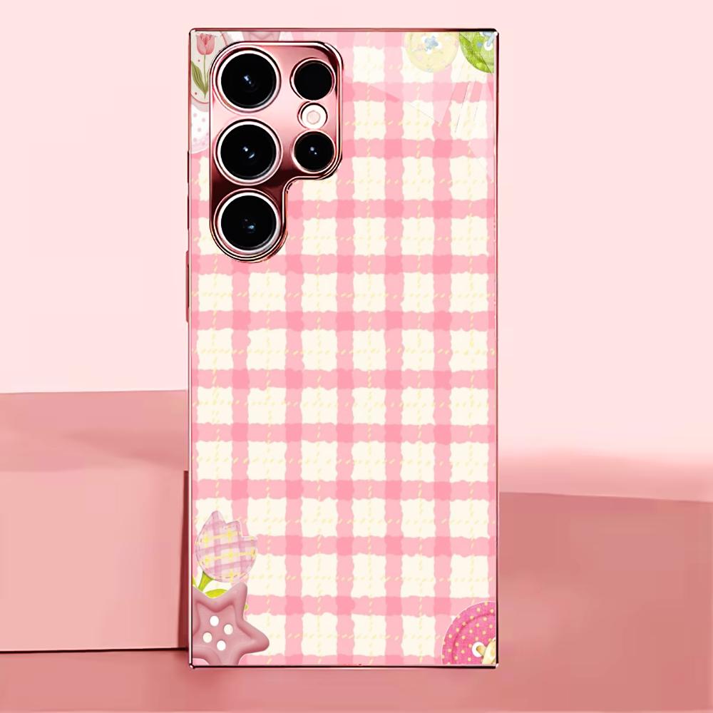 New Cute girl plaid PhoneCase for Samsung Galaxy S26 S25 S24 S23 S22 FE Ultra Plus Built-in glass feel bare machine Men women