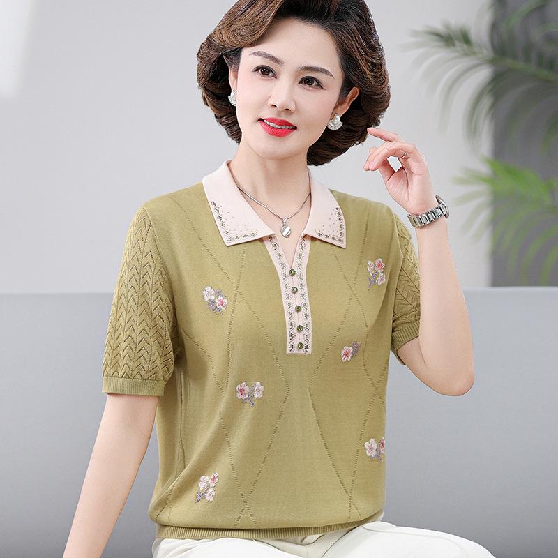

Silk Embroidered Short-Sleeve Knit Top for Middle-Aged and Elderly Women 3XL (120-135 lbs) жовтий