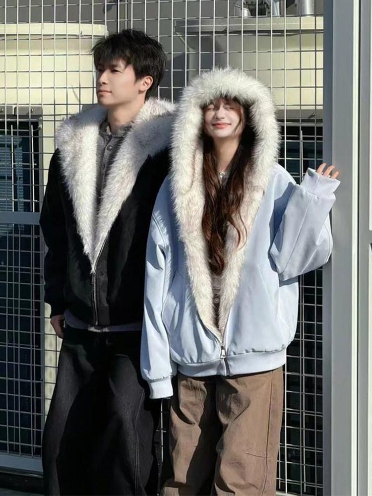 Unisex American-Style Hooded Plush Snow Eagle Cotton Jacket: Winter Thick, Short, Warm, High-End Design.