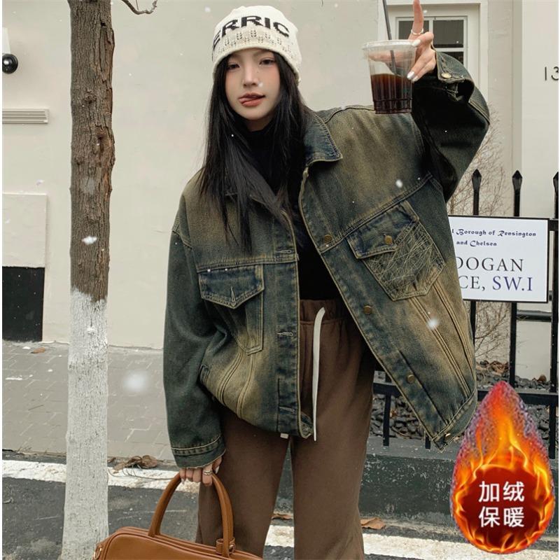 Large Size Fat M Winter Clothing Loose Silhouette Design Sense Retro Fleece Thickened Denim Jacket Chenille
