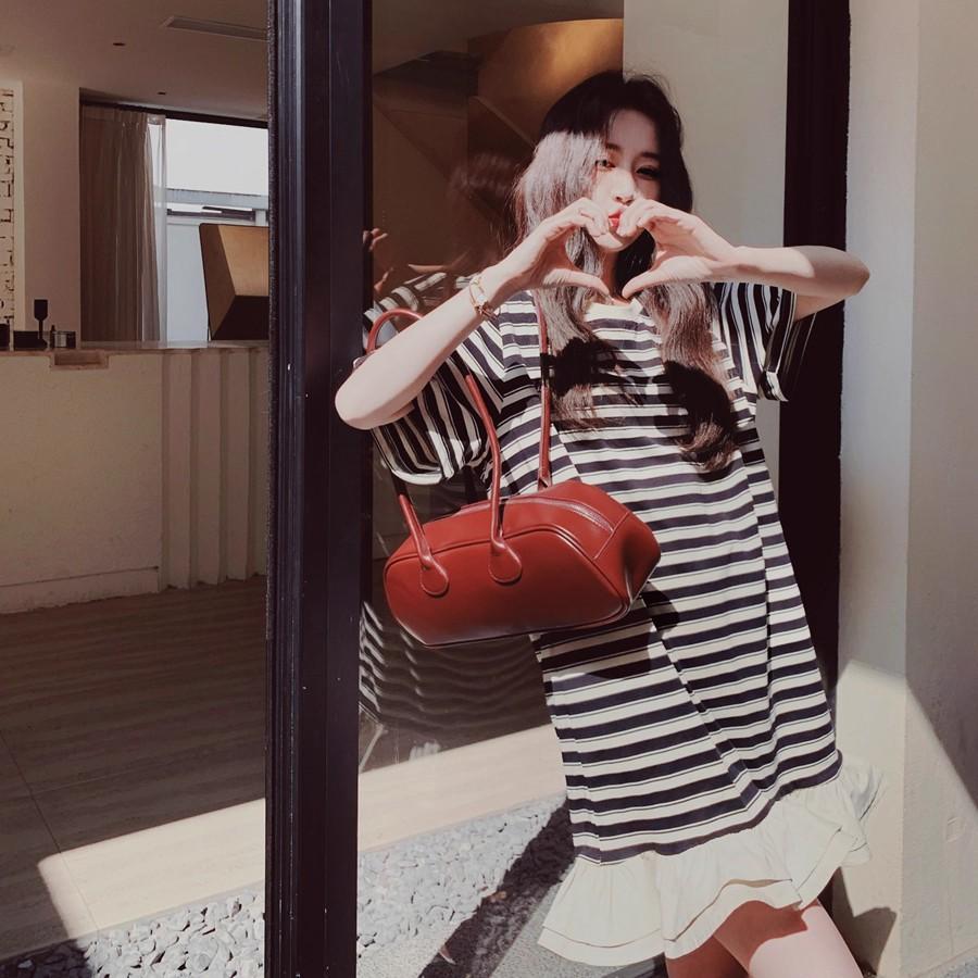 Striped Ruffle Edge Dress Women's Summer Super Fire Korean Age Reduction Super Good-looking Sweet Little T-shirt Skirt