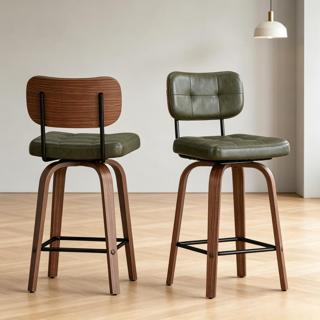 Curve Bar Stool - Swivel PU-Upholstered Stool with Curved Wood Sickle Backrest & Metal Frame, 360 degrees Swivel, Set of 2