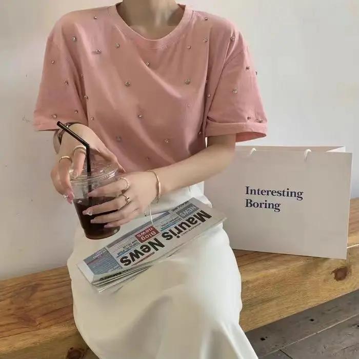 White Top Vintage Mujer Camisetas Autumn O Neck Solid Color Diamonds T-shirts Harajuku Short Sleeve  Loose Casual Tees