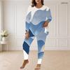 Women Plus Size Blue White Printed Two Piece Set Round Neck Long Sleeve Longline Top Fitted Pants