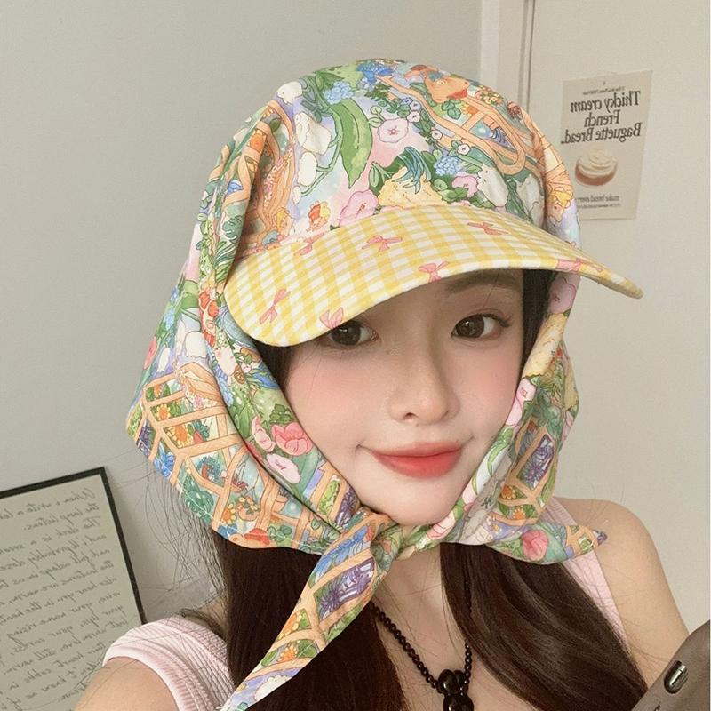 French Retro Literary Printing Headscarf Caps For Women Spring And Summer Outdoor Shopping Po Seaside Vacation Sun Hat