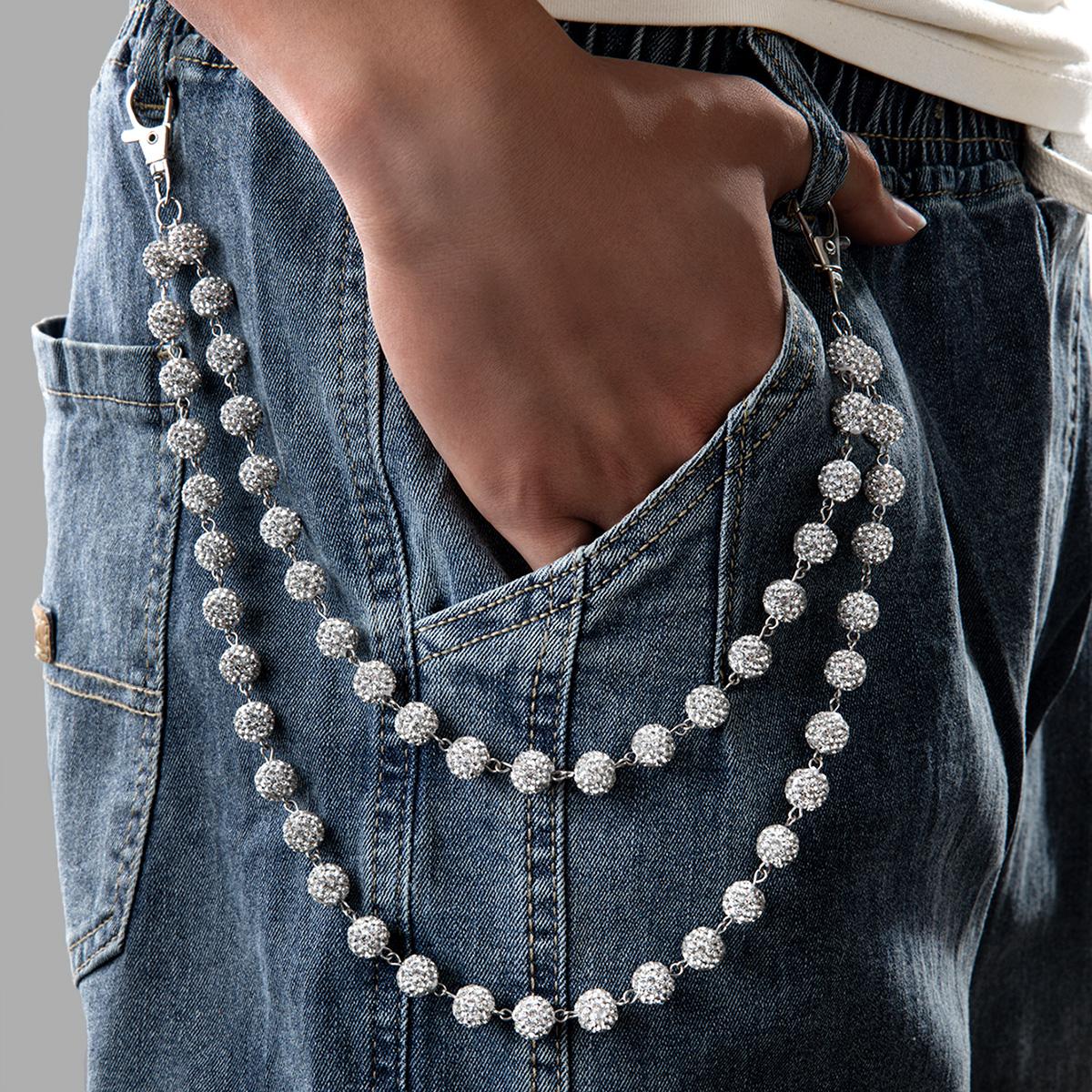 

1 piece of hip-hop style soft ceramic round ball colored zircon double-layer jeans hanging chain for men s waist chain