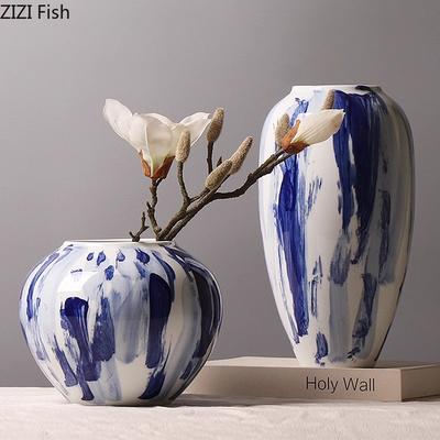 Ink Blue and White Porcelain Ceramic Vase Table Decoration Flower Arrangement Ink Style Flowers Vases Room Aesthetic Decor