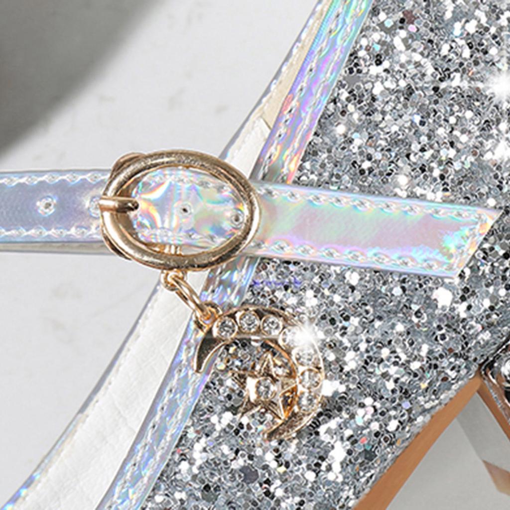 Girls Shoes Children High Heel Glitter Rhinestone Sandals Buckle Kids Princess Dance Shoe Student Performance Leather Shoes