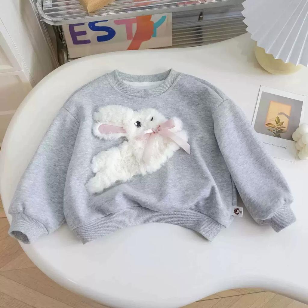 Girls Long Sleeved Sportswear 3-10 Years Old Children Cartoon 3D Plush Rabbit Autumn Little Girl Cute Round Neck Top
