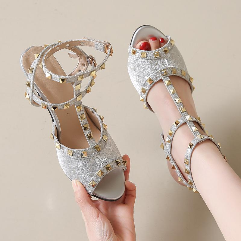 Fashion Women Thin Heels Top Quality Shoes Front Open Toe Sandals With Studs Microfiber Leather Sewing Pumps American And European Style