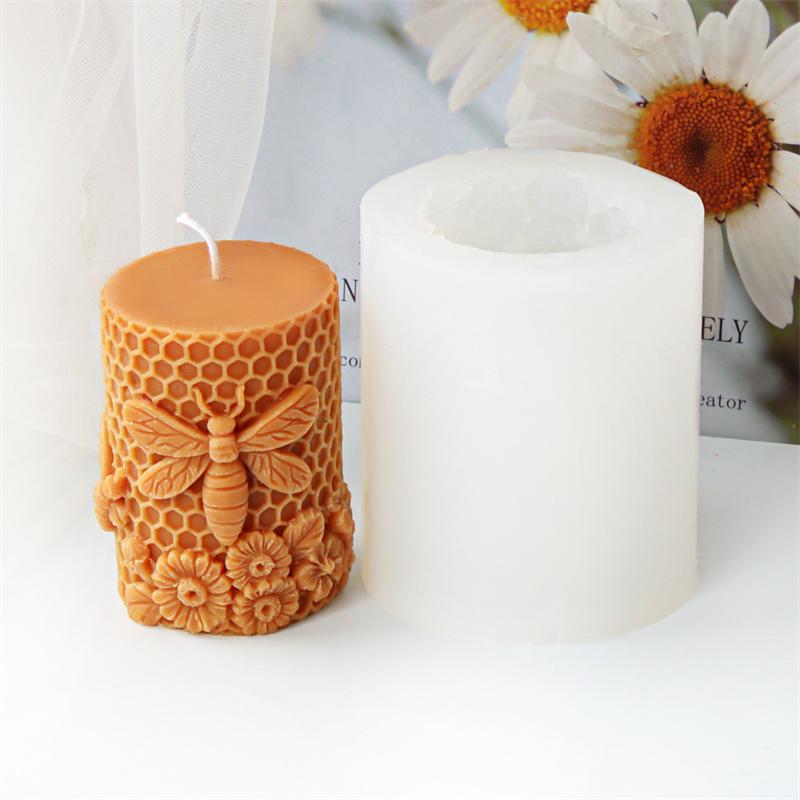 3D Relievo Flower Bee Honeycomb Cylindrical Candle Mold DIY Aromatherapy Soap Gypsum Silicone Mould Craft Gift Home Decor