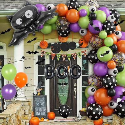 Kit Arco de Balões de Halloween Balões de Látex Pretos Laranjas Roxos Verdes Balões de Olho com Balão de Folha Decoração de Festa de Halloween