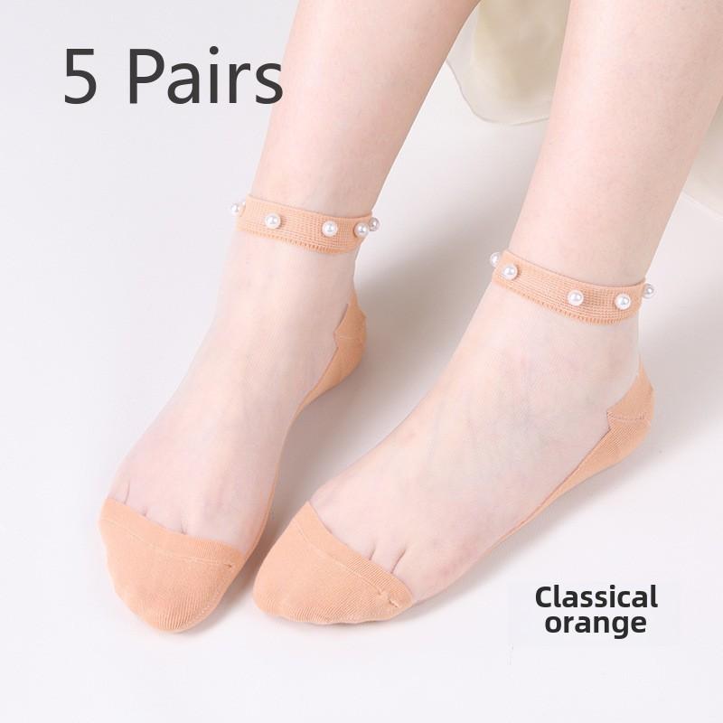 5 Pairs Pearl Socks Women's Socks Light Lace Summer Thin Mesh Transparent Glass Silk Crystal Socks