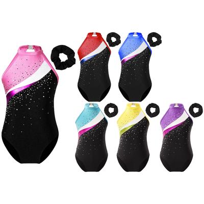 Girls Performance Leotard Sleeveless Round Neck Hollow Back Style Shiny Rhinestone Dance Practice Wear