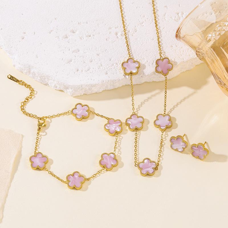 European High-End Titanium Steel Lucky Five-Leaf Flower Mother-of-Pearl Jewelry Set