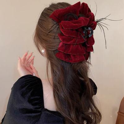 Women Hair Claw Large Pleated Velvet Multi-Layered Bowknot Decor Versatile Hair Clamp