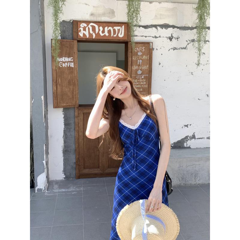 Retro plaid suspender dress summer new fashion Spice Girl style design sense slim dress women