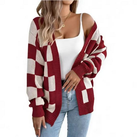 2025 Autumn/Winter New European & American Plaid Knit Oversized Women's Cardigan Sweater