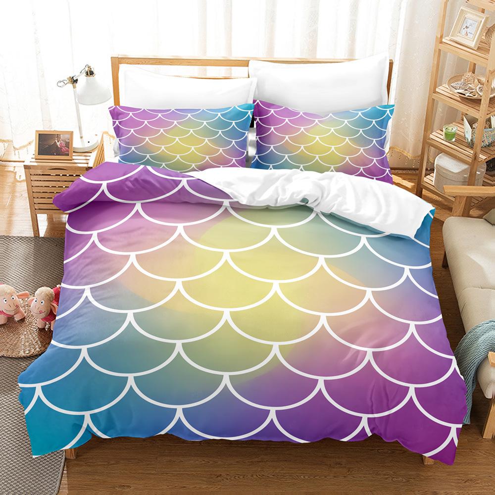 Laser Gradual Change Fish Scale 3D Digital Printing Three-Piece Set, Quilt Cover Pillowcase