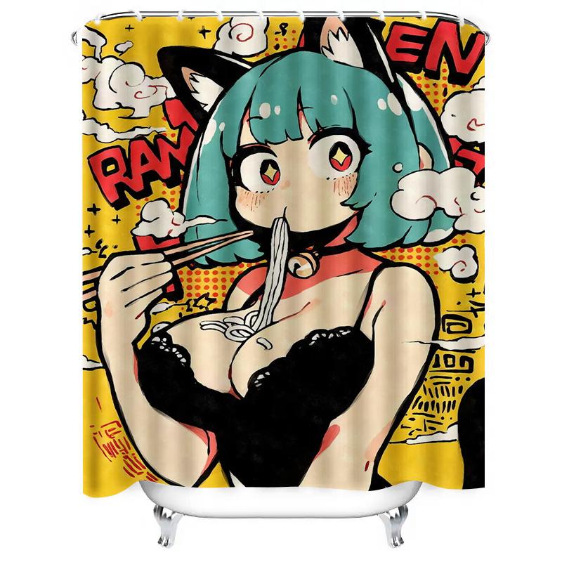 Vibrant Pop Art Shower Curtain featuring Anime Girl with Chopsticks High-Quality Print for Bathroom Decor