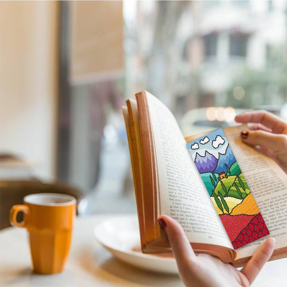 11CT Stamped Double-Sided Bookshelf DIY Bookmarks Cross Stitch Kits 18x6cm Pastoral Bookmark Embroidery Kit for Reading Day Gift