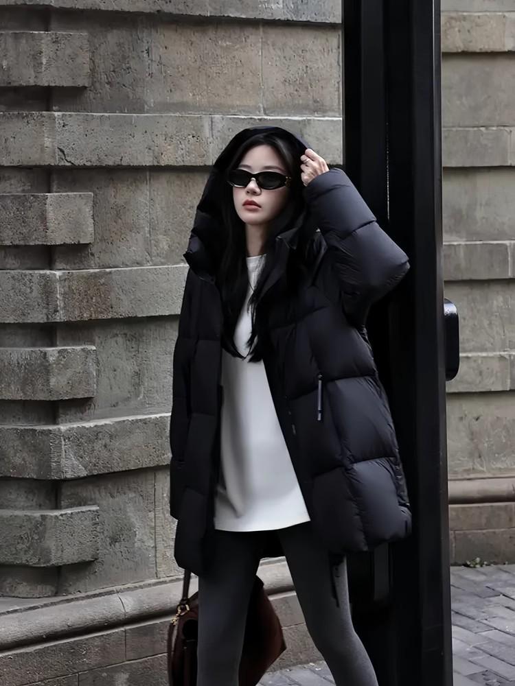 2025 Korean Style Women's Warm Hooded Mid-Length Down Coat