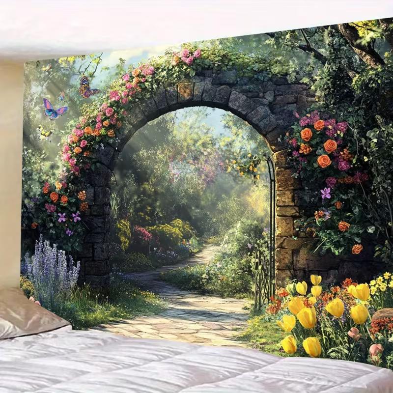 2D HD Fairy Tale Garden Backdrop, Floral Stone Arch with Butterflies Photo Background Cloth