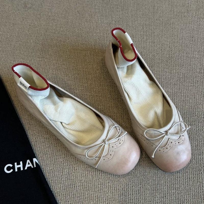 

Sheepskin version~ round head bow flat ballet single shoes women s new shallow mouth one-pedal Mary Jane shoes 35