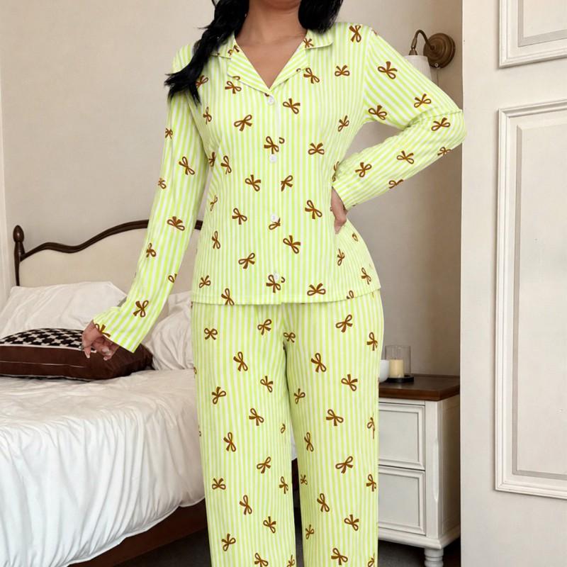 Womens Milk Silk Long Sleeve Cardigan Pajama Set With Collar Striped Bow Detail Winter Home Wear
