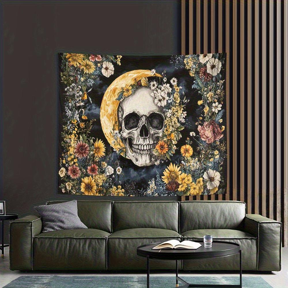 Skull and Flowers Tapestry, Crescent Moon with Floral Wreath, Gothic Boho Wall Art for Living Room Bedroom Halloween Decor
