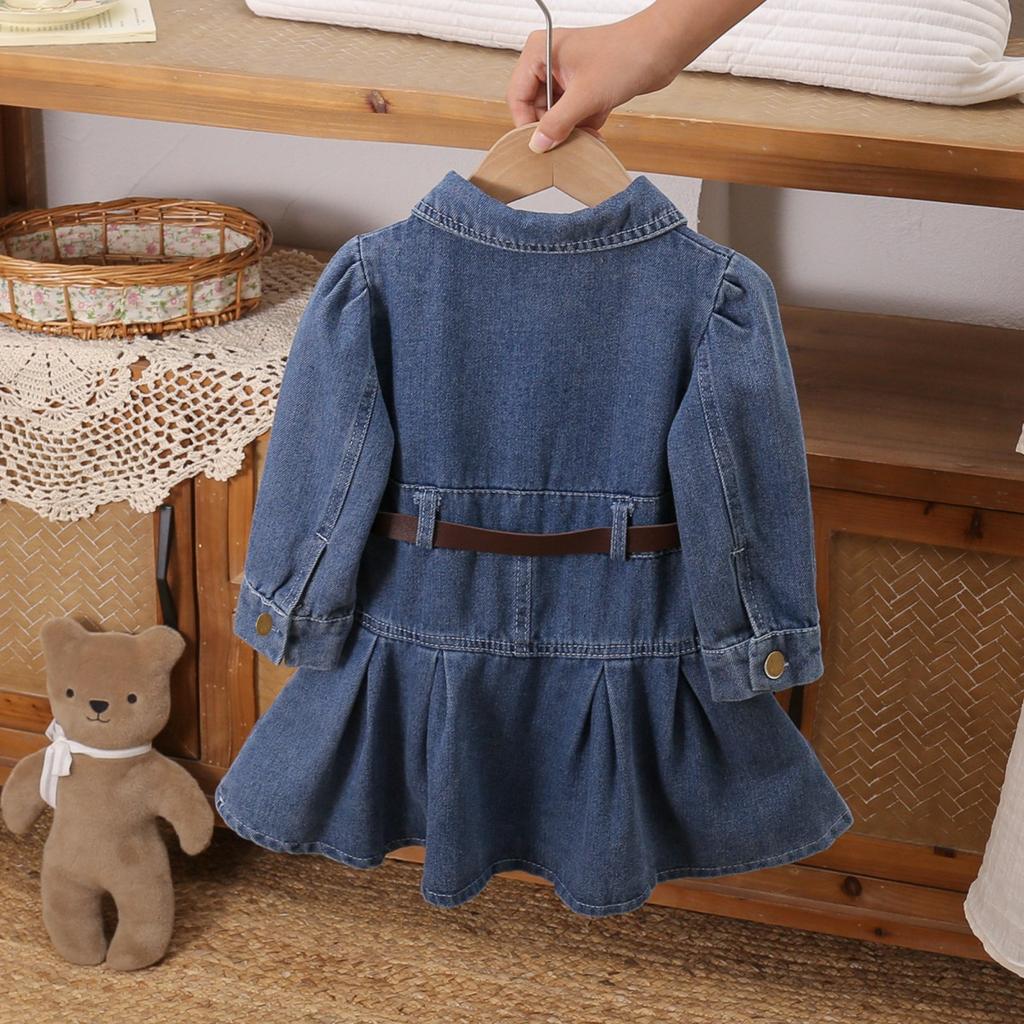 Nouvelle Robe en Denim Tendance pour Petites Filles, Manches Longues Style Coréen, Printemps et Automne, Col Rabattu, Robe en Denim Cintrant la Taille