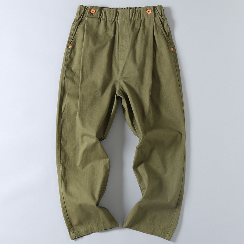 Japanese Style Simple Washed Cotton Men Loose Exercise Casual Pants Retro Lazy Style Wide Leg Straight Cargo Pants Army Green L
