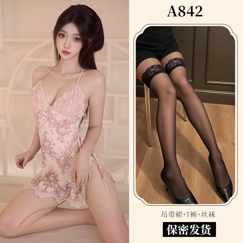 New Sexy Underwear Women's Sexy Lace Suspender Skirt Lace-up Nightdress Uniform Temptation European and American Pajamas A