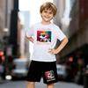 Boys 2 Piece Cute Cartoon Printed Outfit, Short Sleeve T-Shirt and Shorts Set for Kids Age 5-14,Black and White Sporty Casual Summer Clothes