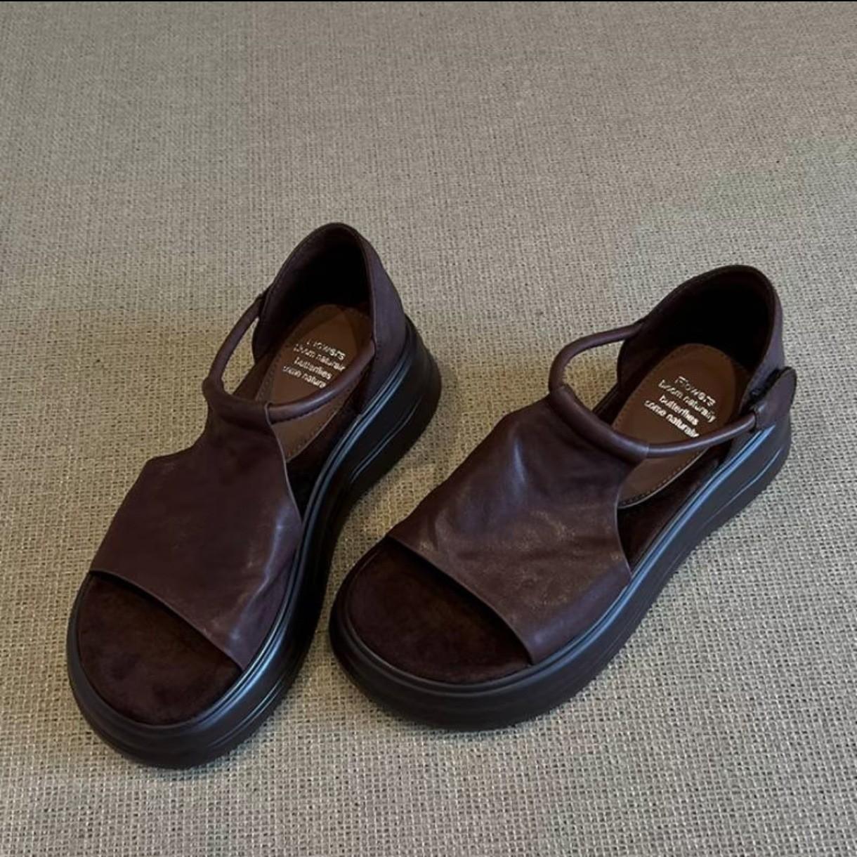 

Super soft sheepskin version~ retro casual heightening platform sandals women s summer skirt beautiful versatile soft-soled Roman shoes 40 коричневый