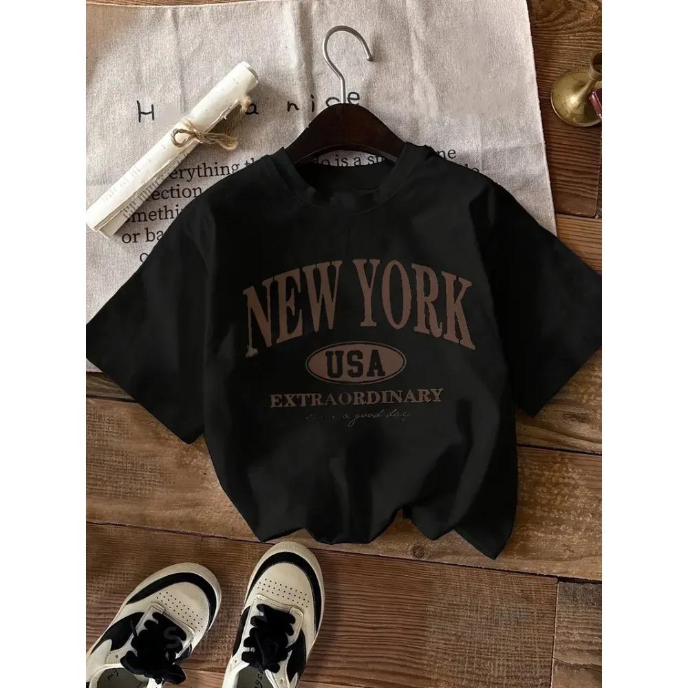 New York City Letter Printed T-shirt Fashion Casual T-shirt Pure Cotton Fun Women's Sports Top Creative Summer Women's T-shirt