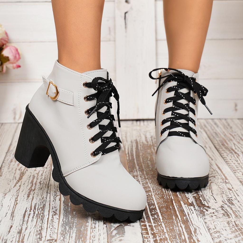 Moda 2025 Nowe Damskie Botki na Wysokim Obcasie Jesień Zima Sznurowane Antypoślizgowe Krótkie Buty Moda Nowe Damskie Buty Kobiety Zapatos De Mujer