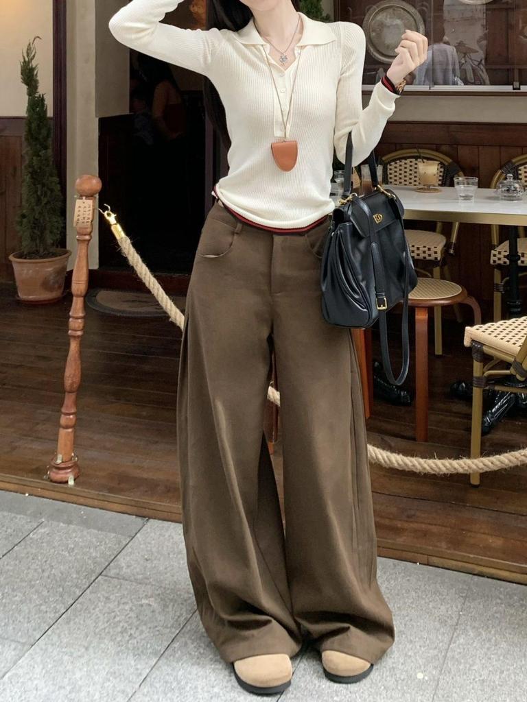Autumn Chaka Wide-Leg Pleated Casual Pants - Slimming, Loose Fit, Solid Color