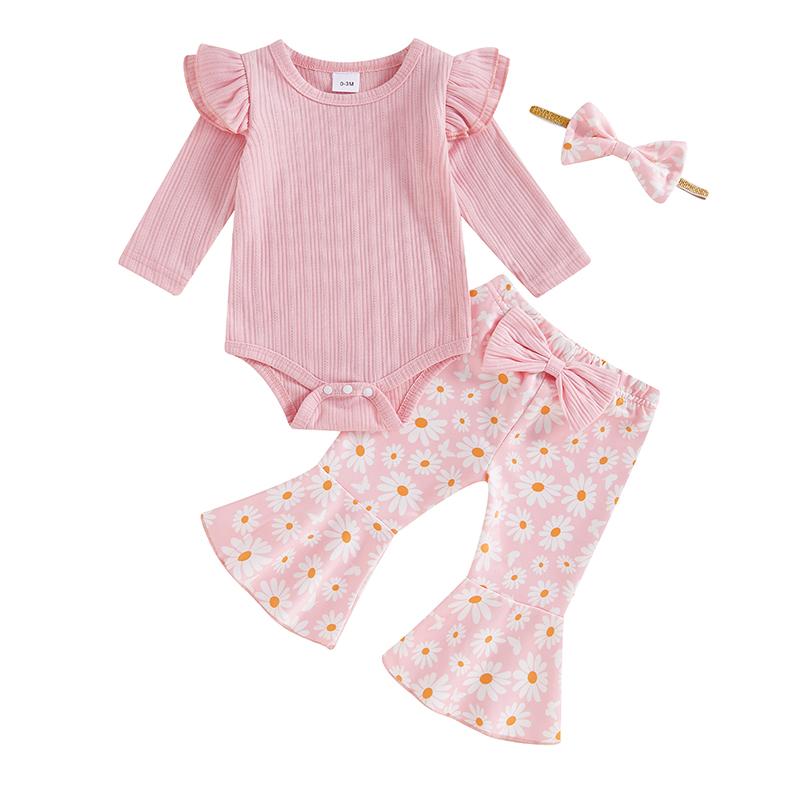 

Baby Girl 3 Piece Fall Outfit Long Sleeve Ribbed Romper Daisy Flare Pants Bow Headband 0-3M розовый