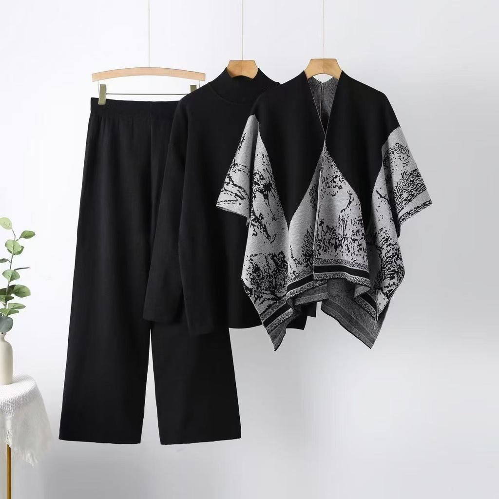 Knitted casual fashion suit women's autumn and winter loose semi-turtleneck sweater pants shawl three-piece set