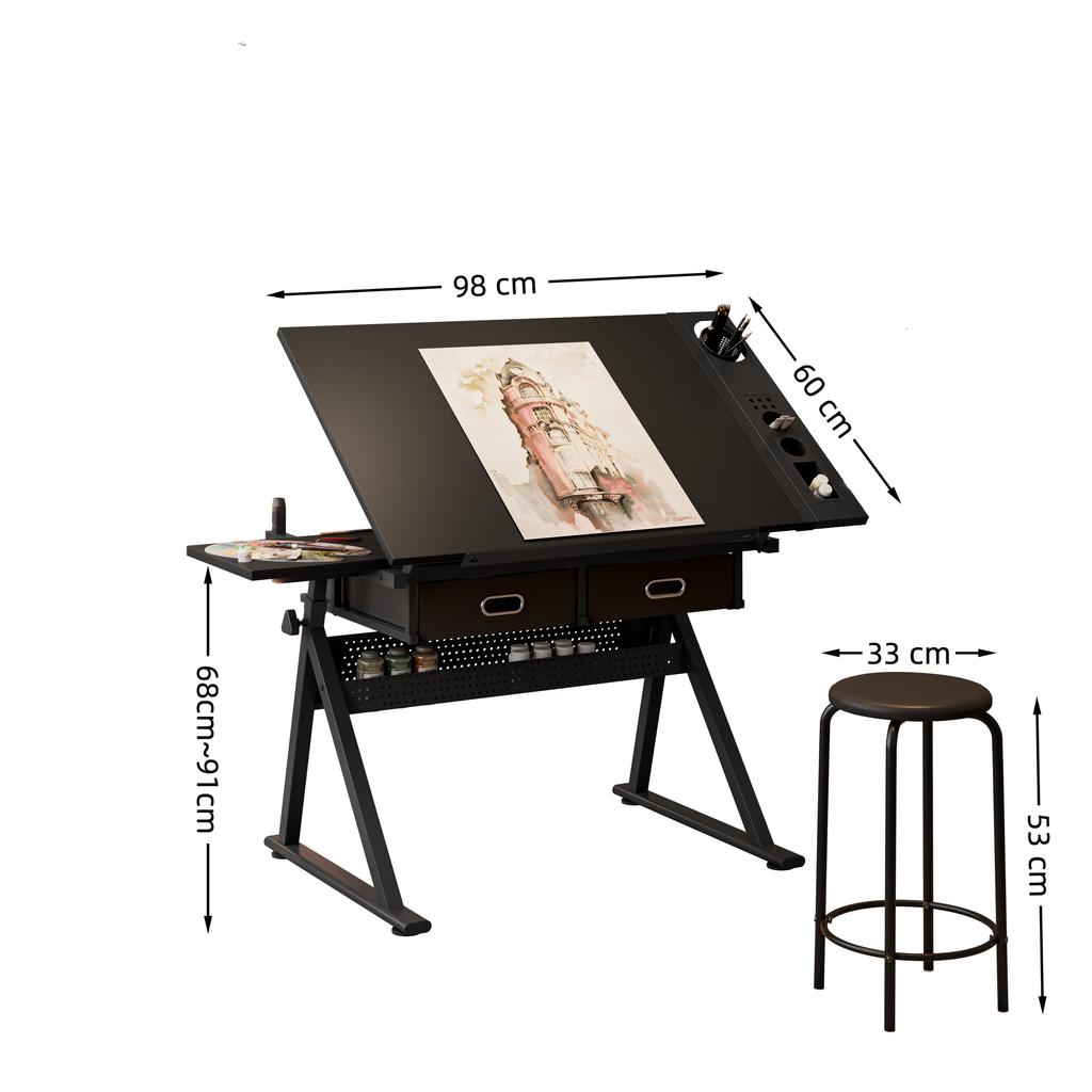Scrivania tavolo da disegno regolabile con 2 cassetti per ufficio domestico e scuola con sgabello(nero)