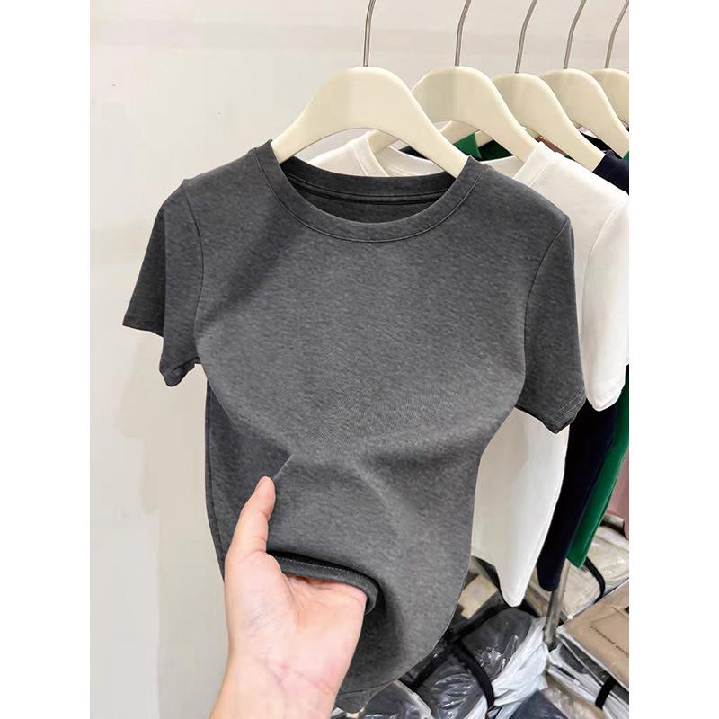 Women's Pink Thickened Brushed Cotton Short Sleeve T-shirt - Korean Style, Straight Shoulder, Round Neck for Spring, Summer, Autumn (2026 New)