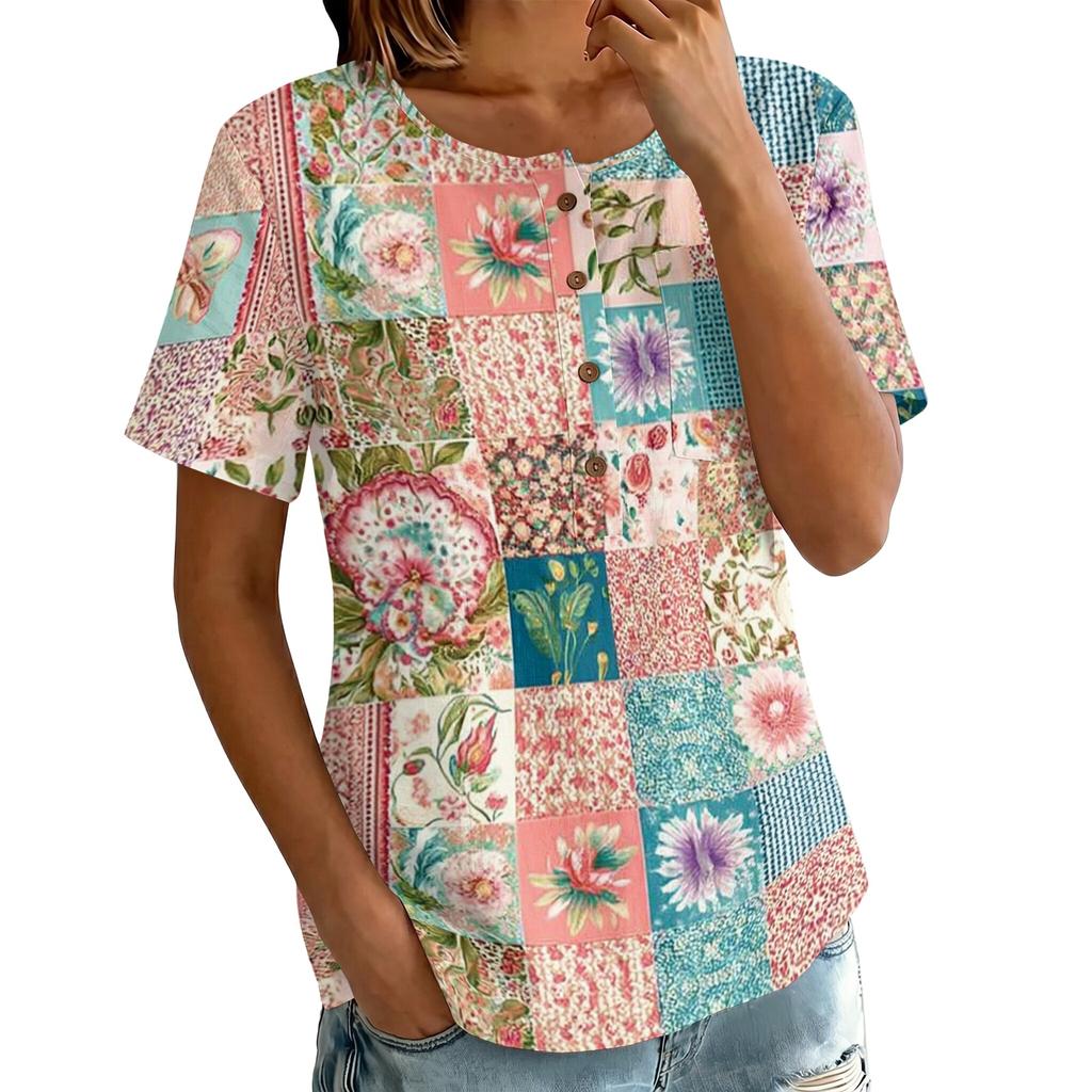 Women's Short Sleeve Shirt Printed Cotton Linen Blouse Casual Button Top